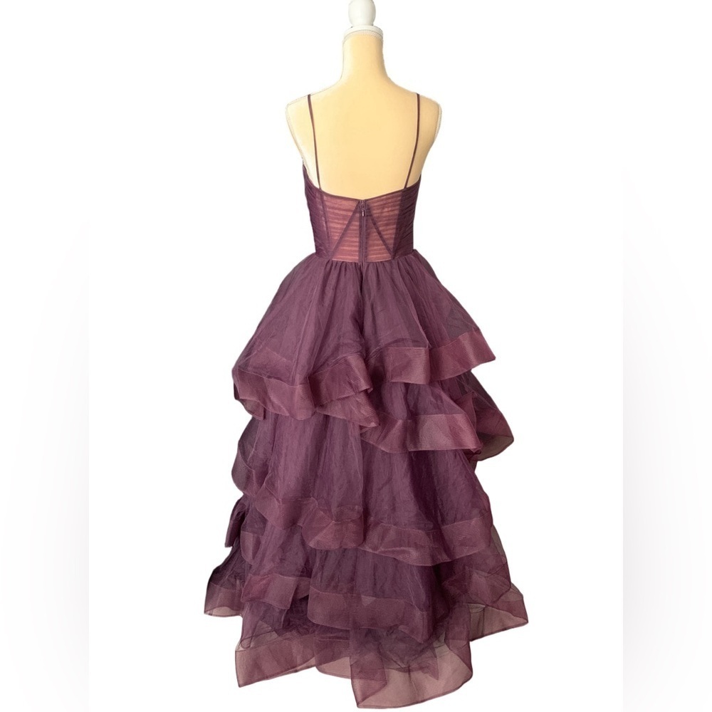 La Femme Dark Berry Tiered Ruffle Tulle Maxi Prom Dress - Picture 7 of 10